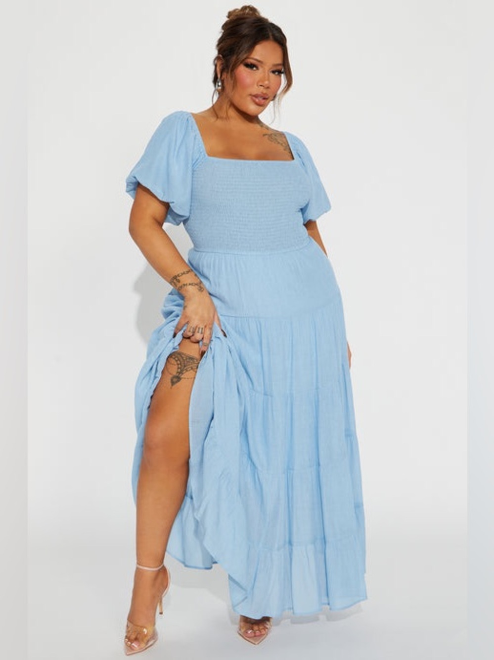 Fashion Nova Georgia Ruffle Maxi Dress 1X NWT Light Blue Tiered Cottagecore